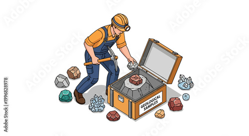 Miner Examining Geological Samples in Wooden Crate.