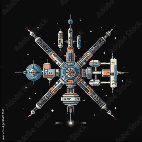 Retro Sci Fi Space Station Floating in Outer Space Vector