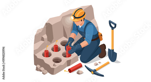 Construction worker drills into rock with tools.