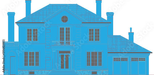 House silhouette displays a symmetrical architectural blueprint of a classic residential building with a garage.