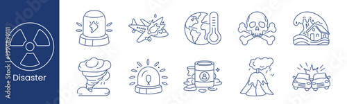 Disaster emergency hazard set icon. Radiation siren crash heat skull flood tornado alert barrel volcano collision depict danger accident catastrophe.
