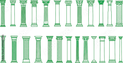 Columns in green line art style showcase diverse architectural styles and capital designs for historical or construction references.