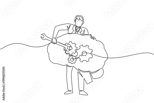 Single line drawing of professional male uses wrench to tune gears in human brain. Ideal for medical business presentation about businessman try to set cognitive optimization and psychological health