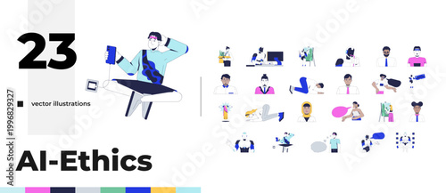 AI influence on human behavior and digital interaction cartoon flat illustrations bundle. Robots and modern diverse people daily 2D images isolated on white. Collection vector drawings colorful