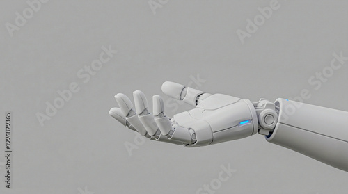 Clean 3D robotic hand offering gesture in matte white on grey