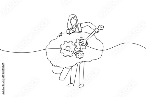 Continuous line drawing shows beauty business woman fixing brain gears, perfect for health concept science storybook cover or university psychology clinic flyer about mental restoration setting work