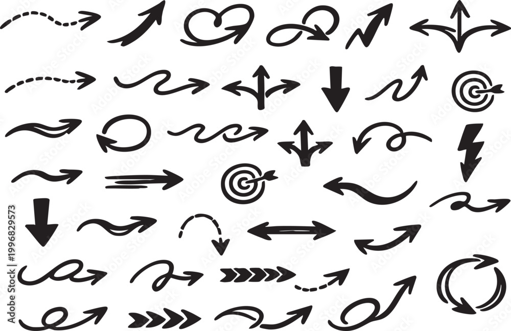 Fototapeta premium Simple Doodle Arrow Set Hand Drawn Isolated Elements