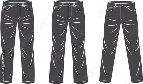 Jeans displayed as a set of three distinct silhouettes represent casual apparel fashion in a clean graphic layout.