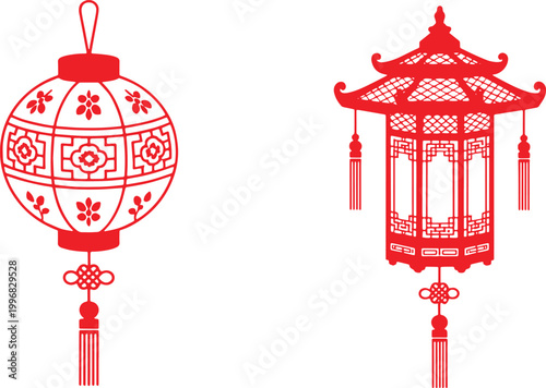 Lanterns with traditional oriental patterns serve as decorative elements for festive celebrations and cultural ceremonies.
