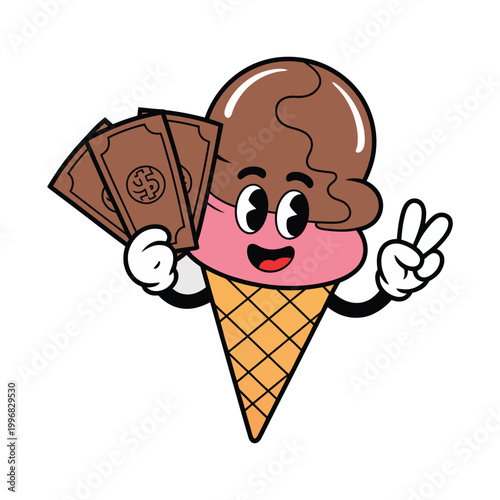 Ice cream cartoon character holding money and making peace sign happily
