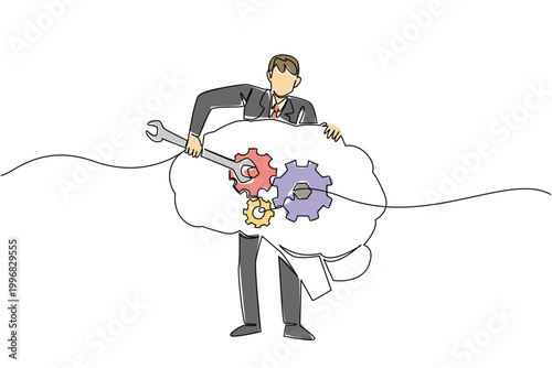 Continuous line drawing depicts colorful of handsome young businessman fixing brain gears, serving as creative business concept for coaching presentation slides or mental health awareness wall decor