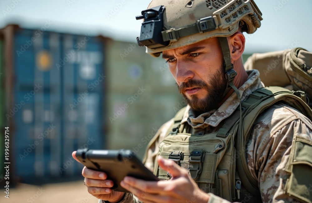 Naklejka premium Soldier wears camouflage uniform and helmet. He looks at his smart device in his hands. He is focused on the screen. He uses technology in field operations. Outdoor scene with shipping containers.