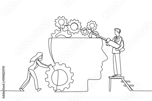 Single line drawing of businessman and businesswoman fixing gears inside large human head, representing logic concept for business presentation slide or mental health of psychological education page