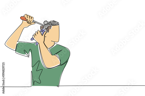 Continuous line drawing of attractive young man fixing his brain using tools for medical industry concept banner. This human subject artwork represents mental health therapy and personal repair