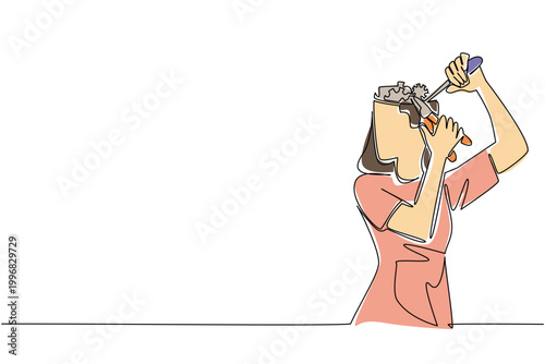 One line drawing of beautiful woman fixing her internal gears inside head for career business thought concept. Female subject represents optimization and mental clarity through self health maintenance