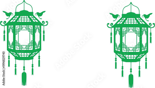 Lanterns with traditional bird motifs hanging as decorative ornaments bring an elegant cultural aesthetic to the space.