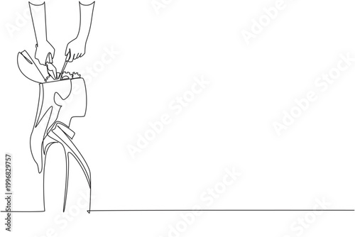 Single line drawing of human hand using repair tools to fix gears inside businesswoman head. Business and health concept for medical clinic flyer or psychology coloring page for stress relief