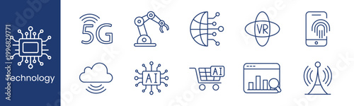 Technology digital innovation set icon. Chip 5G robot globe vr fingerprint cloud ai cart analytics antenna depict network automation data future.