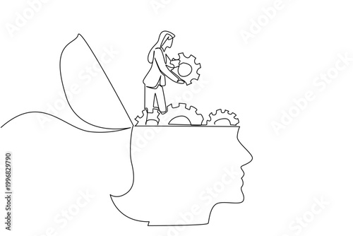 Continuous line drawing of businesswoman adjusting gears mechanism inside giant head. Business knowledge concept is ideal for psychological research flyer or university neurology department poster