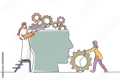 One line draw of colorful gears being fixed by Arabian man and woman in traditional modest wear. Industry concept for psychological mental poster or office wall decor focused on creative brain power