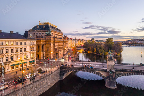 Tableau sur toile Aerial view of the National Theatre in Prague by the Vltava River