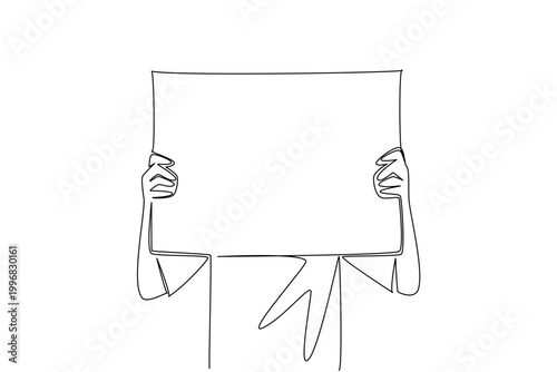 One line drawing of person hiding behind big rectangular blank sign, highlighting an anonymity concept. Suitable for teen relatable content, mental health awareness, confession pages, and creative ads