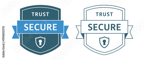 Secure trust badge icons for website security and data protection in blue and white vector style, modern shield and lock emblem set for cybersecurity and privacy assurance