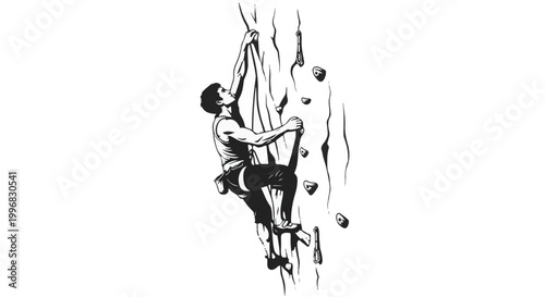 Man climbing a rock wall with a rope and harness