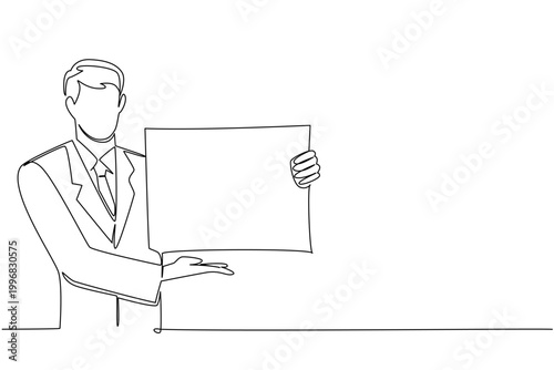 One line drawing of young male manager offering blank paper board with both hands, depicting business proposal concept. Perfect for business offer, service menu, welcome sign, and invitation template