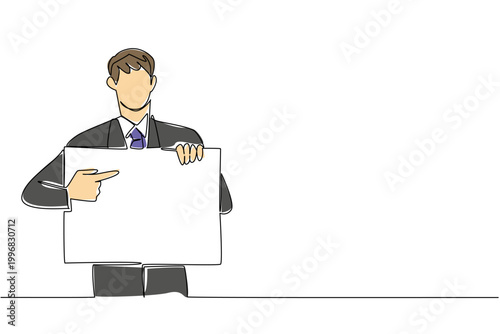 Continuous line drawing of young businessman in suit indicating blank paper board, show item highlight concept. Ideal for key takeaway, summary point, feature list, and product specification display