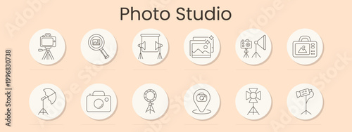 Photo studio set icon. Camera on tripod, magnifier, backdrop screen, image retouch, lighting kit, equipment case, umbrella light, compact camera, ring light, location pin