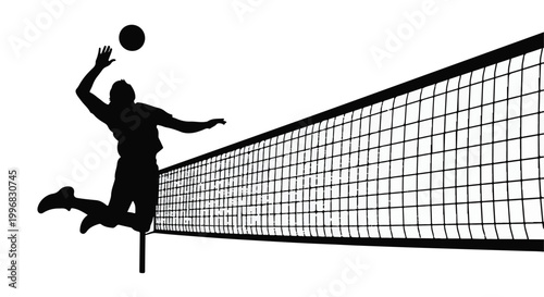 Silhouette of volleyball player jumping to hit ball over net