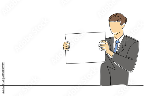 Continuous line drawing of handsome male manager displaying blank board sideway, showing business choice concept. Suitable for comparison slide, pros and cons, recommended item, and decision guide