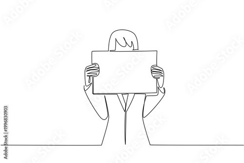 Continuous line drawing of a businesswoman hiding face with a blank board for mystery concept. Design is suitable for anonymous feedback, secret voting, unboxing reveal, and guessing game card