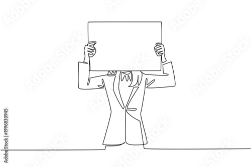 Single line drawing of businesswoman holding blank poster sign over her face for business concept. Art for blind recruitment, silent protest, privacy protection, and corporate identity cover