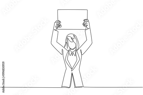One line drawing of businesswoman lifting blank board above head for celebration concept. Ideal for winner announcement, strike action, achievement milestone, and protester placard illustration
