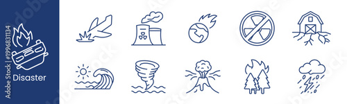 Disaster set icon. Collection with plane crash, nuclear plant, meteor earth, radiation sign, flooded barn, tsunami wave, tornado, volcano, forest fire, thunderstorm.