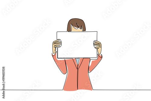 One line drawing of businesswoman in suit hiding face behind a blank board for privacy concept. It is great for secret admirer note, confidential report cover, mystery guest, and quiz question card