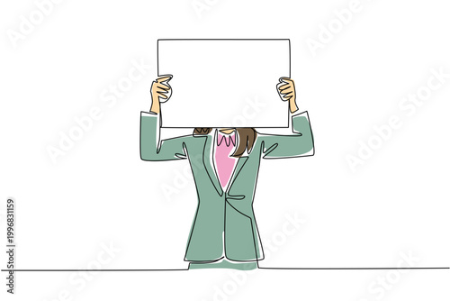 Continuous line drawing of businesswoman covering her face with blank board for shy concept. Art works for anonymous survey, introverted character, hidden identity, and surprise reveal poster