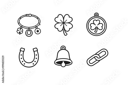 Good Luck Charm and Jewelry Line Icons Set Featuring Charm Bracelet with Clover and Horseshoe, Four-Leaf Clover, Shamrock Medallion, Lucky Horseshoe, Bell, and Interlocking Chain Link Vector.