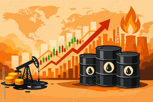 Global Crude Oil Price Surge and Energy Crisis Concept with Rising Stock Market Charts, Oil Barrels, Pump Jack, and Industrial Refinery Background. Vector Illustration of Global Fuel Inflation.