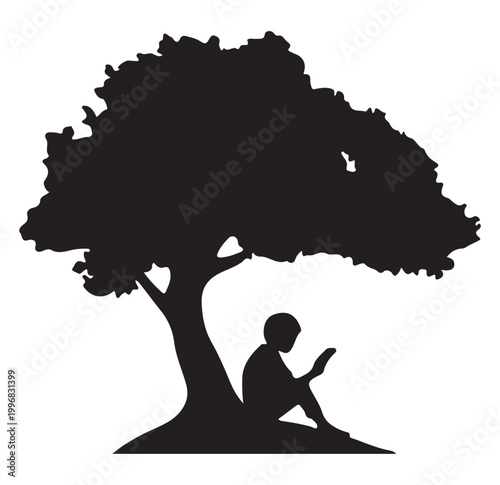 Boy reading book tree sitting.