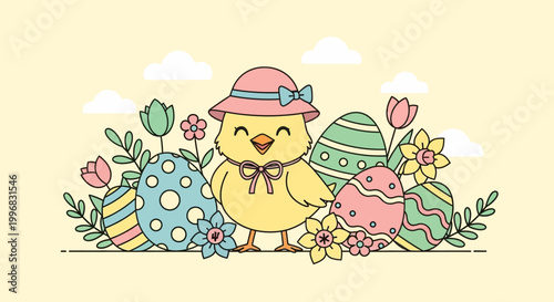 A cartoon chick wearing a pink hat standing next to colorful Easter eggs and flowers.
