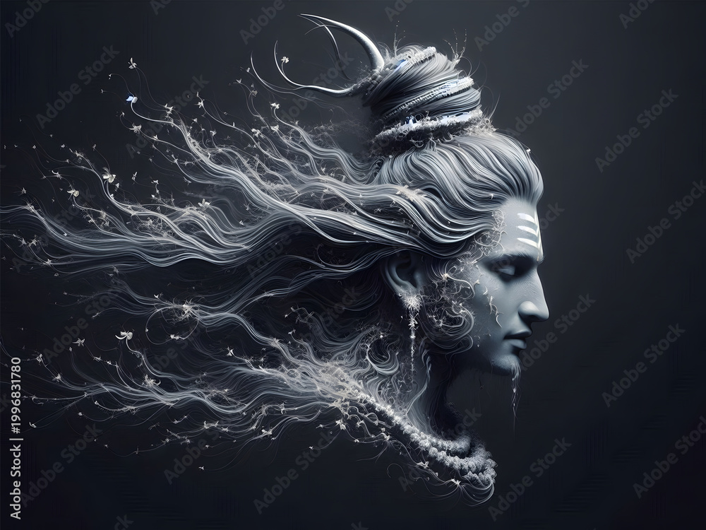 Fototapeta premium portrait of lord shiva head with floating hair on black background