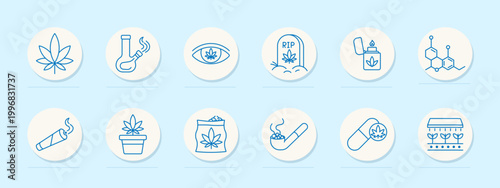 Cannabis smoking set icon. Blue line badges with marijuana leaf, bong, eye emblem, tombstone, lighter, molecule diagram, joint, potted plant, package bag, pipe, capsule pill, storefront awning.