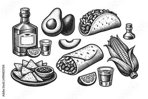 Mexican Food and Drink Collection Featuring Hand Drawn Vintage Woodcut Style Illustrations of Tequila Bottle, Shot Glasses, Lime, Avocado, Taco, Burrito, Corn on the Cob, Nachos with Salsa Dip.