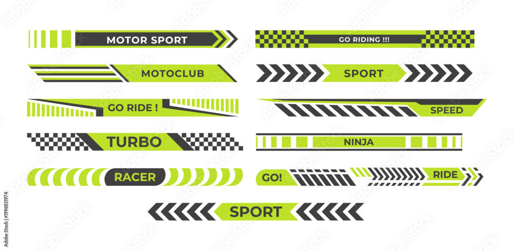Obraz premium Set of racing sport decal sticker stripes race line set collection. Green racing stripe motorcycle. Sport vehicle graphic decal kit with dynamic lines and speed styling. Flat vector illustration