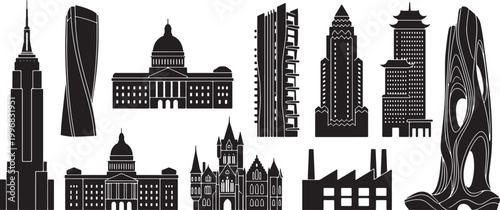 Skyline of new york city with empire state building, chrysler building, and other iconic skyscrapers, black and white line