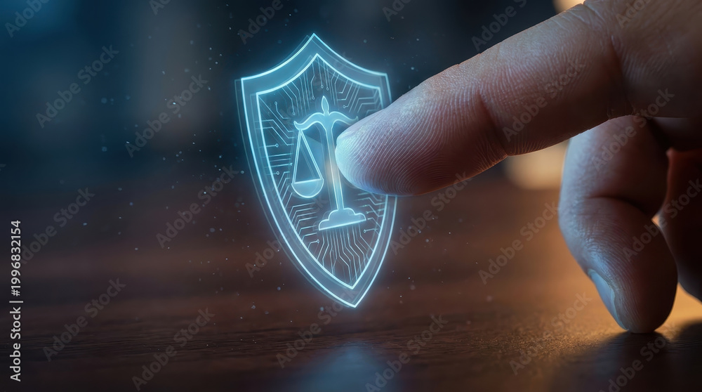 Obraz premium Artificial intelligence law concept justice security shield scale artificial intelligence law concept justice security shield scale finger touch glowing digital interface for legal technology