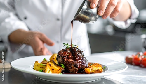 Chef pouring sauce on meat dish.